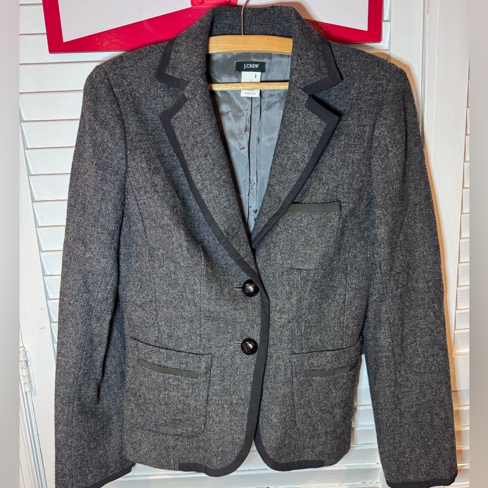 J.Crew 100% Wool Blazer Gray Trim Tailored Jacket Size 2